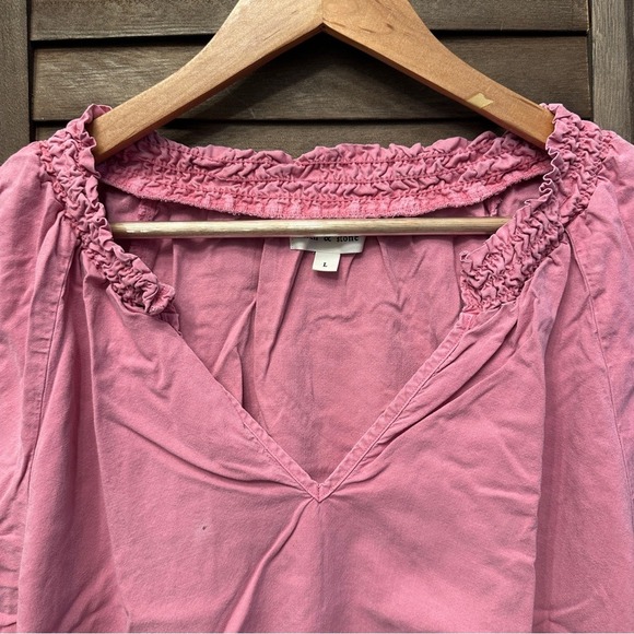 Relaxed Old Rose Plain Boho Neutral Chic Cuffed Sleeve‎ Smocked Blouse Sz L - Picture 4 of 11